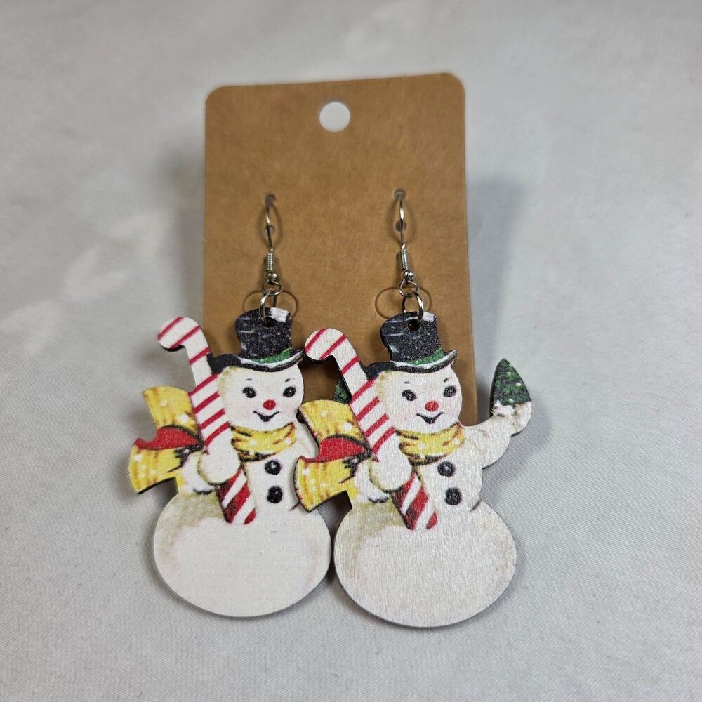 Vintage Style Wooden Snowman Christmas Dangle Earrings Candy Cane Holiday